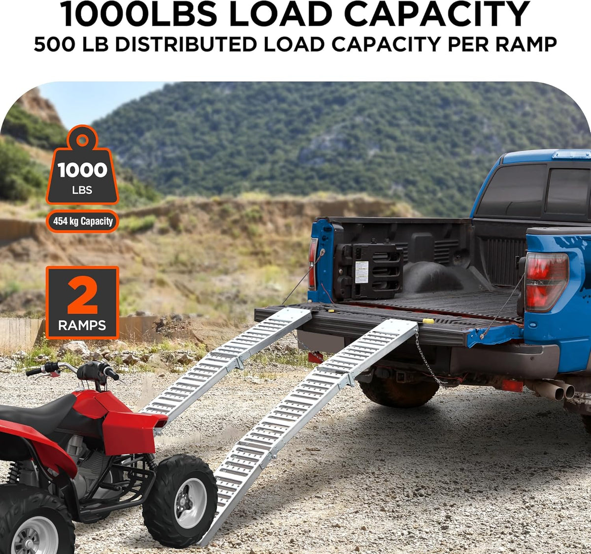 Rockland 72" x 9" Tri-Fold Steel Truck Ramps, 1000 LBS Capacity, Folding Trailer Ramps for Motorcycles, Ebikes, Dirtbikes and ATVs, Heavy Duty Loading Ramps for Trailer Pickup Truck, 2 Pcs