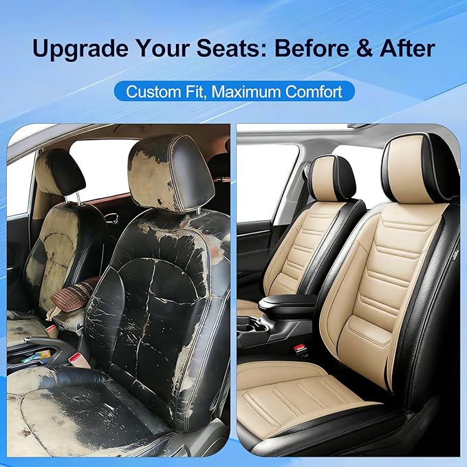 Fit Malibu Car Seat Covers for Chevrolet/Chevy Malibu 2009-2025, Full Coverage Leather, Airbag Compatible, Waterproof All Weather Breathable Seat Cushion Protector, Full Set, Black+Beige