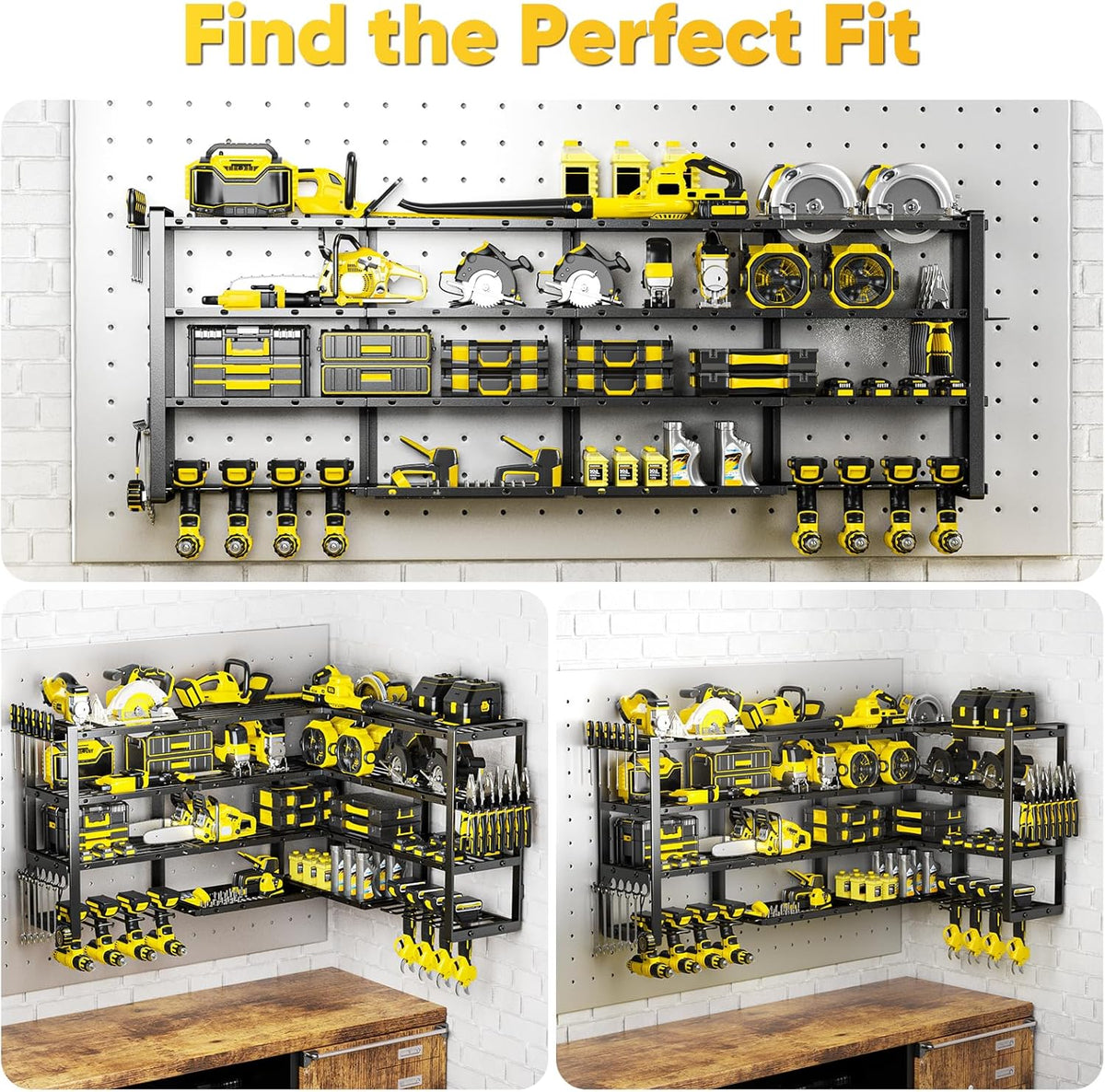 64”W Power Tool Organizer Wall Mount, Heavy Duty 8-Drill Cordless Drill Holder Supports 800 lbs, 4-Layer Corner or Straight Assembly Large Tool Battery Storage Rack for Garage Workshop