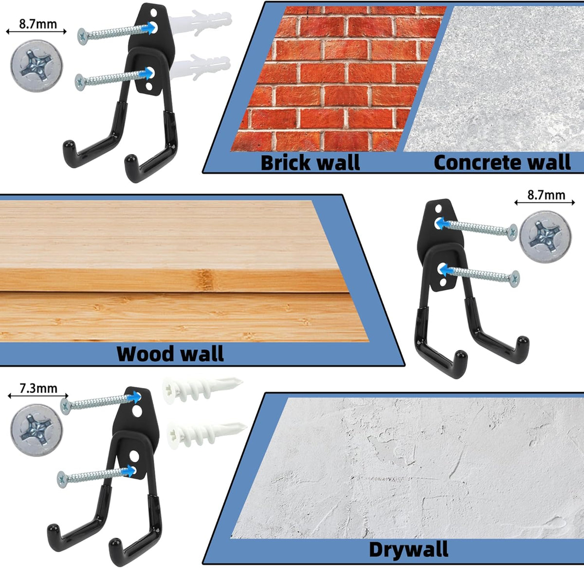 Wall Mount Heavy Duty Garage Hooks (2-Pack) – Wall Mounted Storage Hooks for Ladders, Bikes, Tools & More – Rust-Resistant Steel with Anti-Slip PVC Coating Small U Hooks