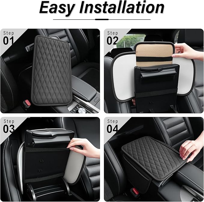 Amiss Car Center Console Cover, Upgraded Leather Car Armrest Cushion with 2 Storage Pockets, Universal Waterproof Cushion Pad, Non-Slip Car Interior Accessories, Fits Most Sedans SUVs Trucks (Black)