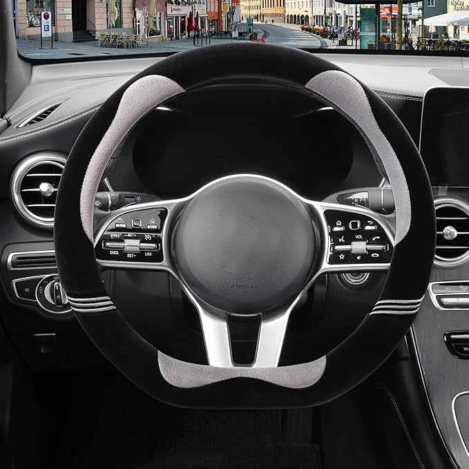 14 inch Furry Cute D Shaped Steering Wheel Cover, Soft Fluffy Short Plush Auto Accessories, Non-Slip Cold-Proof Sweat-Proof Colorfast(Black with Gray)