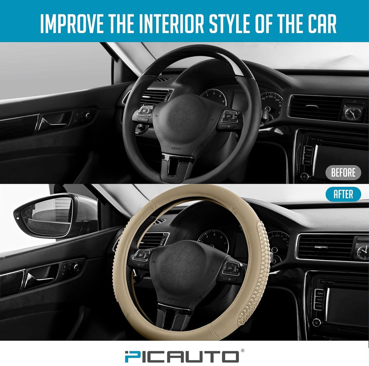 PIC AUTO Gel Particles Steering Wheel Cover, Beige Luxury Leather Car Steering Wheel Protector, Universal Fit 14.5"-15.5" Anti-Slip Car Interior Accessories for Girls & Women