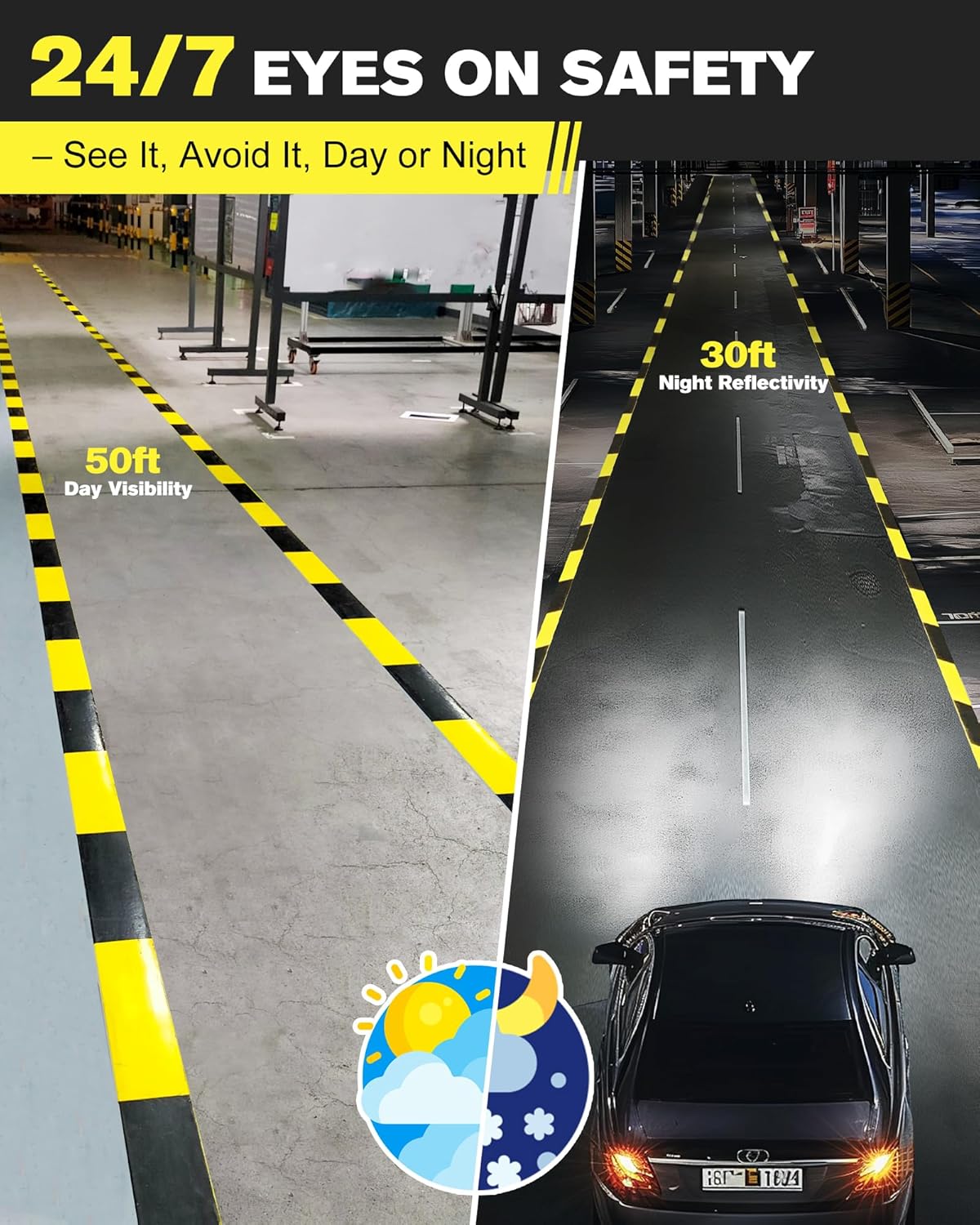 Floor Marking Tape,2 INx108 FT Strong Adhesive Caution Tape,High Durability Warning Safety Tape for Indoor/Outdoor-Warehouses,Factories,Parking Lots,Retail Locations,Black&Yellow,1 Roll