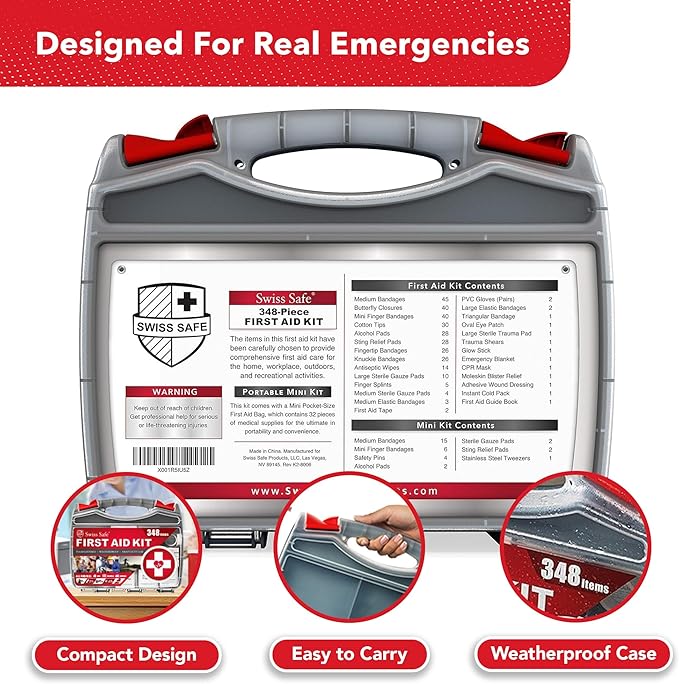 Swiss Safe 2-in-1 First Aid Kit for Car, Travel & Home, Businesses - Bonus Mini Kit for Medical Emergency Aid, Survival, Camping - FSA & HSA Eligible - 348 Pcs, Large Hardcase FAK