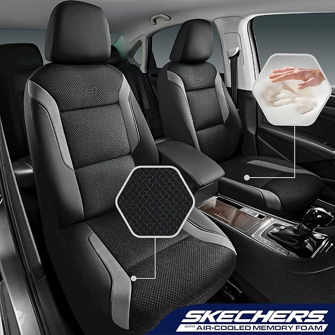Skechers Memory Foam Car Seat Covers, Air Cool Mesh Thick Seat Covers, Car Seat Full Sets, Airbag Compatible, Automotive Comfort Protection for Most Cars,Vans,Trucks, SUVs,Grey
