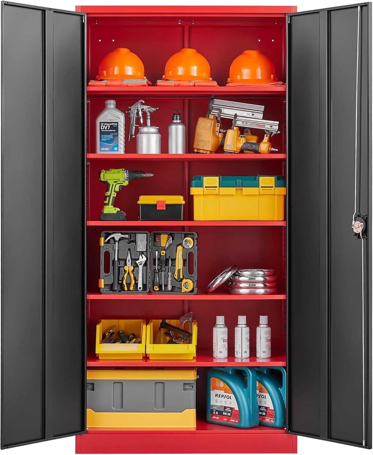 SISESOL Wide & Deep Metal Storage Cabinet with Lock & 5 Adjustable Shelves,72" Red Black Garage Storage Cabinet with Locking Doors,Lockable Cabinets for Home,Office,Shop,Garage,Basement 72x36x18