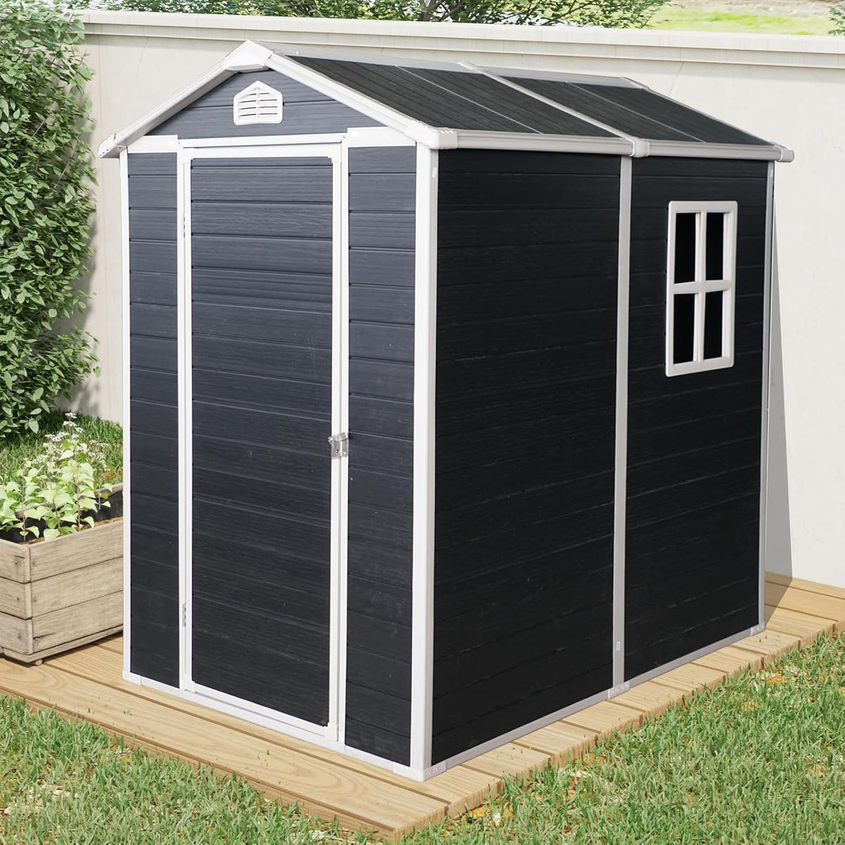 4x6 FT Outdoor Storage Resin Shed with Floor,Waterproof Plastic Garden Bike Shed with Lockable Door, Sloped Roof, Vents & Windows, Easy Assembly Tool Shed for Lawn, Backyard, Patio, Black