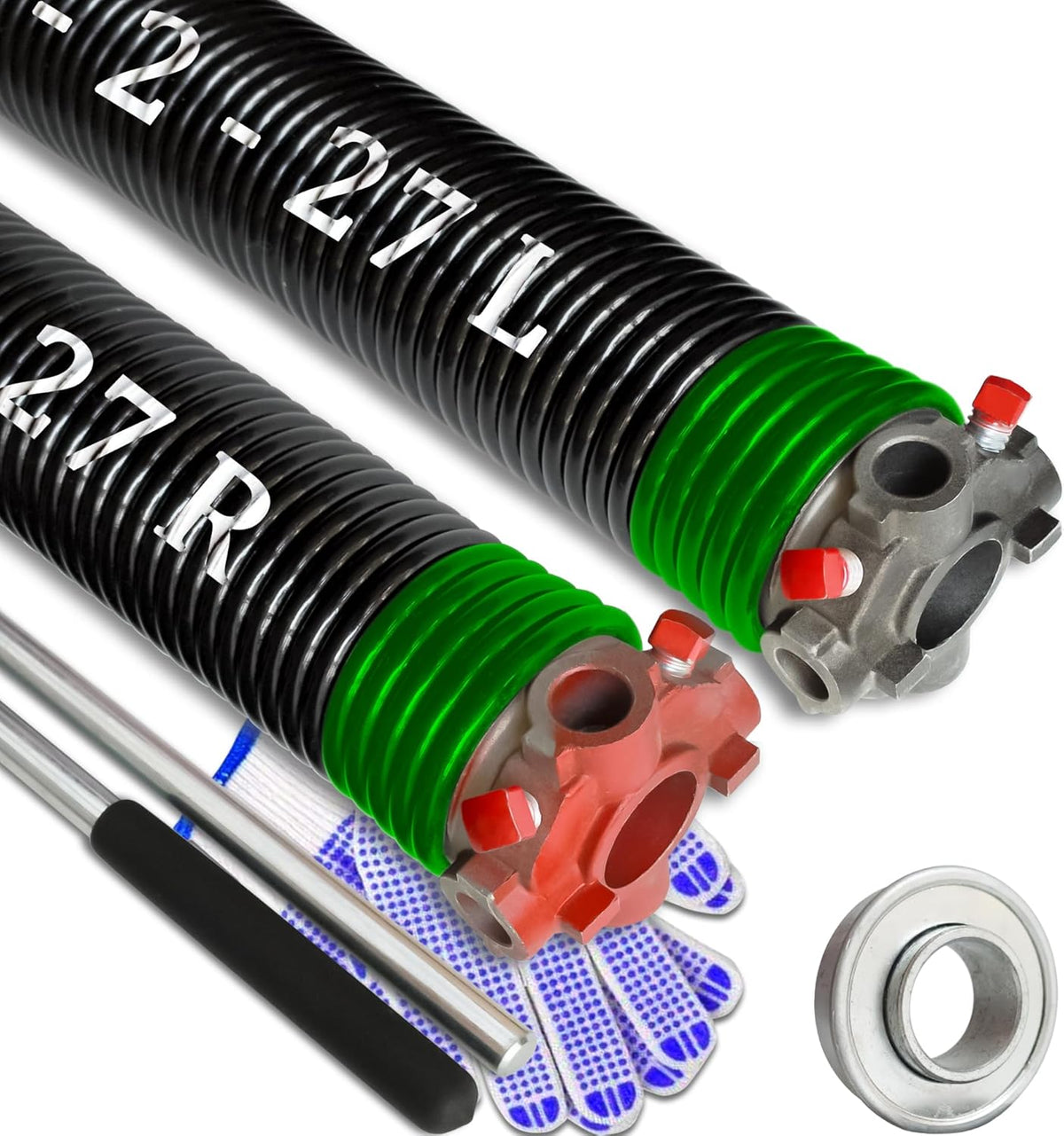 Garage Door Torsion Spring Set, Pair of 2" Electrophoresis Coated Garage Door Spring Replacement with 2 Non-Slip Winding Bars and Bearing, Minimum 16000 Cycles (.243x2x27)
