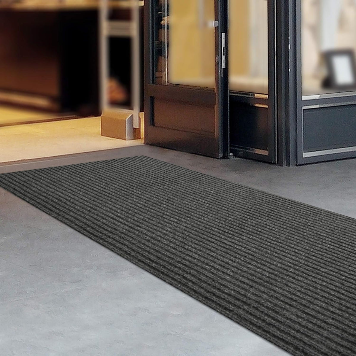 iCustomRug Spartan Weather Warrior Indoor/Outdoor Utility Ribbed Carpet Runner with Non-Slip Thermoplastic Rubber Backing, 3ft X 10ft in Charcoal