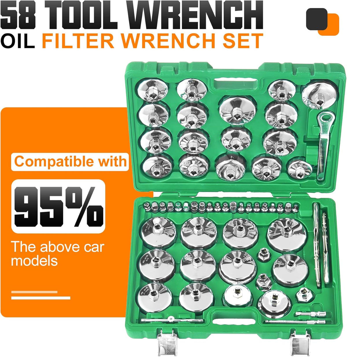 Auto Oil Filter Socket Wrench Set, Cup Type 1/2 inch Drive Cap Removal Tool, with Drain Plug Socket Set/Adjustable/Drive, Compatible, all Models Car, SUV, Oil Filter (58, GREEN)