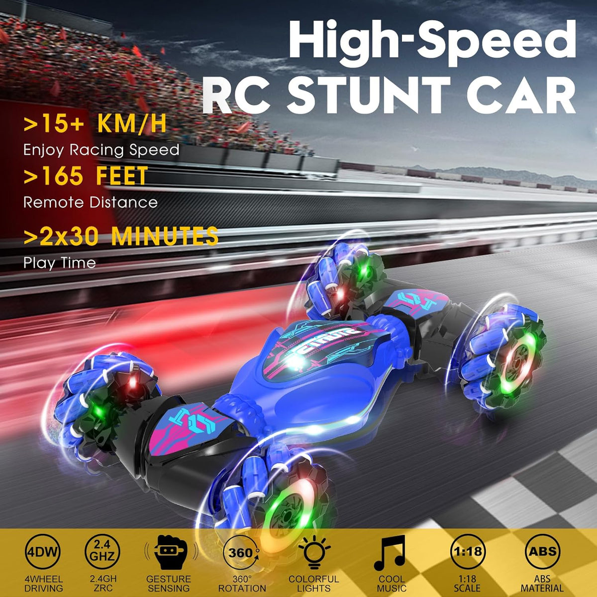 Gesture RC Car - Gesture Sensing RC Stunt Car Toys for Boys Girls Aged 6-12, 2.4GHz 4WD Hand-Controlled Remote Control Twist Car with Lights Music - Best Birthday Gifts for Kids