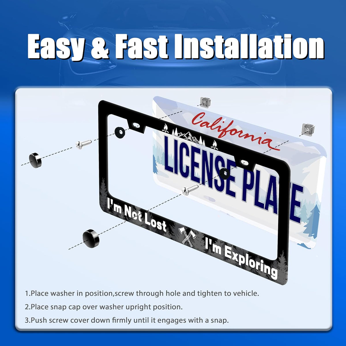 Funny License Plate Frame I'm Not Lost I'm Exploring License Plate Stainless Steel Mountain License Plate Holder Black Car Accessories Decoration With 2 Screws Fits Standard Vehicles Size 12.3" x 6.3"