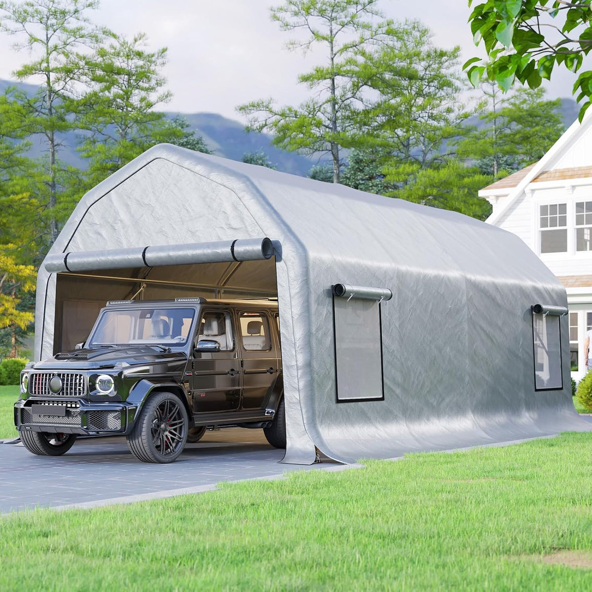 AMERLIFE 12x24 FT Heavy Duty Carport Garage Canopy, All-Weather Steel Frame Outdoor Shelter with Roll-Up Door & 4 Vented Windows, UV-Proof Waterproof Portable Storage for Cars, Boats, Silver