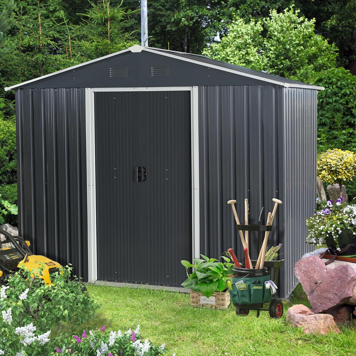 8x6 FT Outdoor Storage Shed,Metal Shed with Floor,Garden Shed W/Air Vent & Lockable Sliding Door,All Weather Waterproof Tool House W/Sloped Roof,for Patio,Yard,Lawn,Black