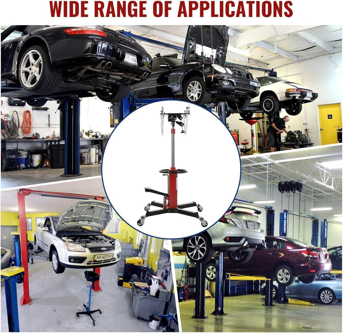 Transmission Jack with 1 Stage Hydraulic Ram, 1322 LBS Hydraulic Telescoping Transmission Jack with Foot Pedal & 360° Swivel Wheels, Heavy-Duty Garage/Workshop Jacks for Car/Truck Repairs, Red