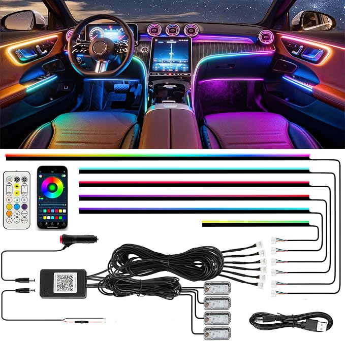 Dreamcolor Acrylic Interior Car LED Strip Lights with APP&Remote Control RGB 10 in 1 Ambient Lighting Kits Fiber Optic Strip LEDs Music Sync Car Neon Lights for Cars,SUVs,Trucks