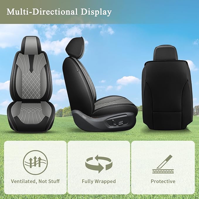 Car Seat Covers Front Pair for Toyota Avalon 2001-2025 2026: Breathable Perforated Leather Seat Cover (Black&Grey)