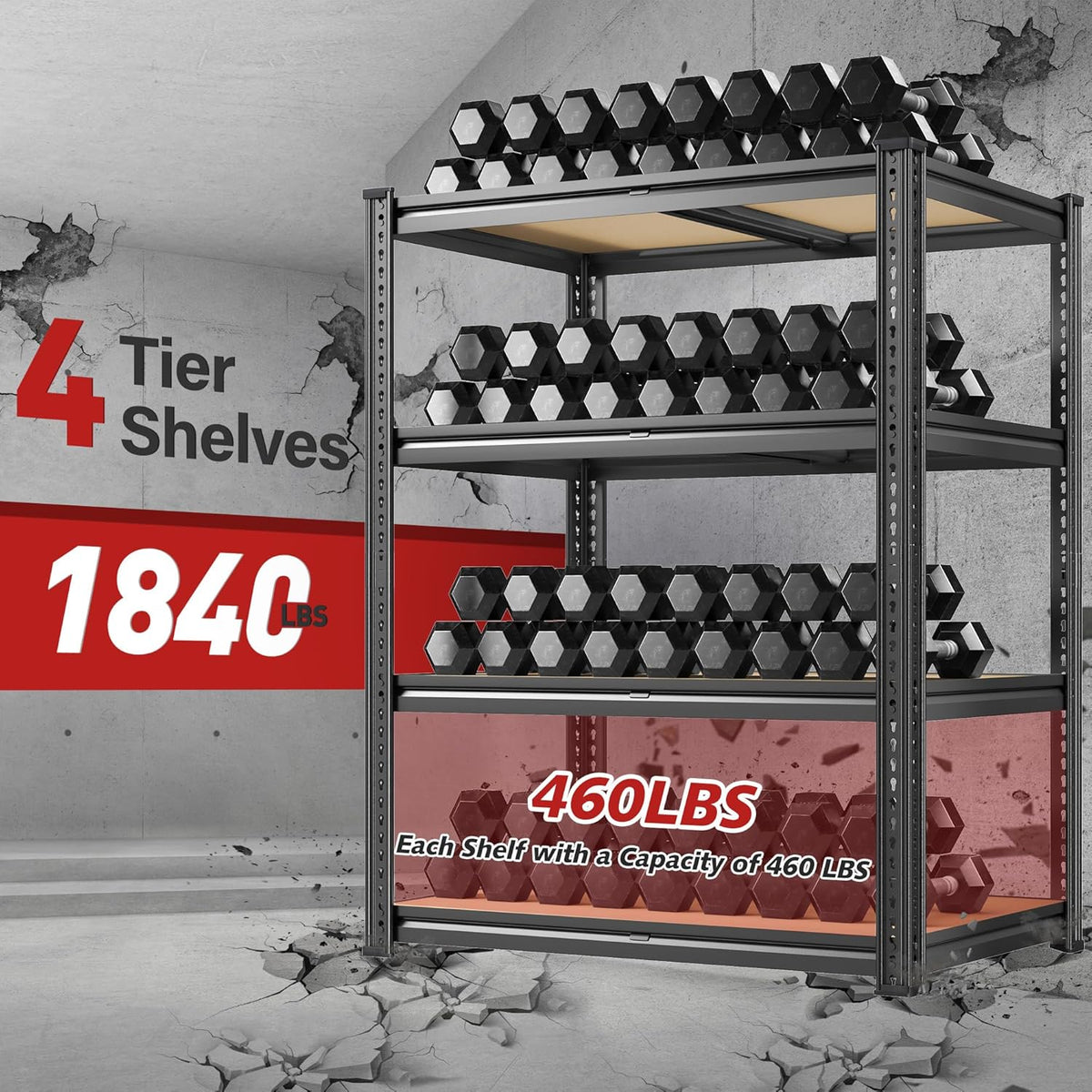 REIBII 60.05" H Storage Shelves 1840LBS Garage Shelving Heavy Duty Shelving 4 Tier Garage Shelves Adjustable Metal Shelf for Kitchen Basement Pantry Warehouse 35.45" W x 17.72" D x 60.05" H