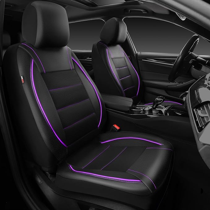 CAR PASS Universal FIT Piping Leather Two Front Seat Covers, Waterproof Faux Leather for SUV Sedan Van Truck, Airbag Compatible,Reserved Opening Holes for Headrest Covers(Black and Purple)