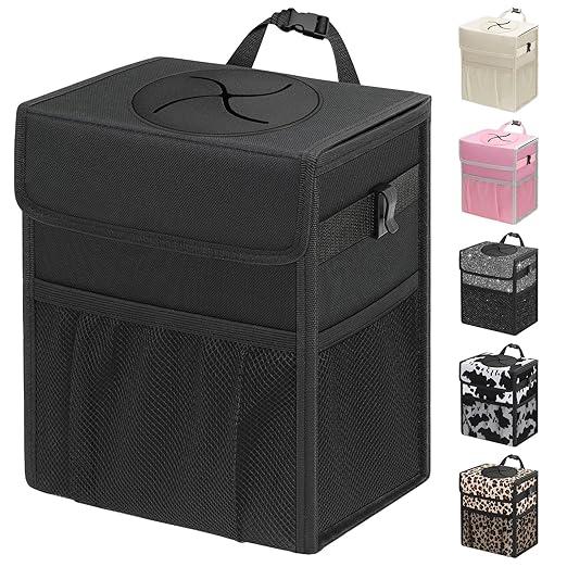 Capolo Car Trash Can with Lid, Leakproof Car Trash Bag Hanging Waterproof Automotive Garbage Can with Storage Pockets Mini Vehicle Trash Bin for Back/Front Seat(Black,3 Gallon)