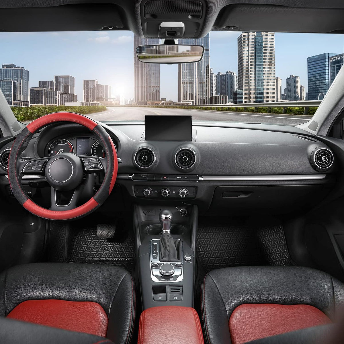 SEG Direct Car Steering Wheel Cover for Prius Civic Model 3 Model Y Camaro, Small Size 14-14.25 inch, Black and Red Microfiber Leather