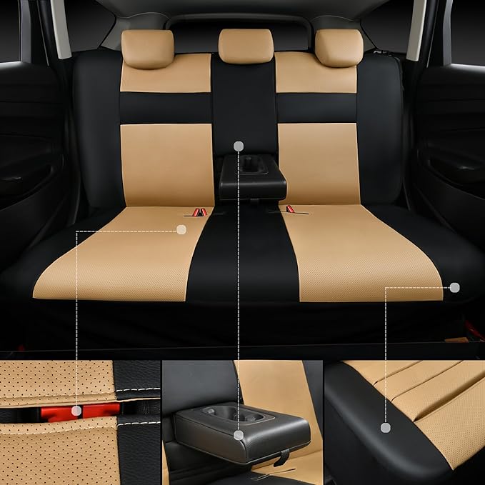 CAR PASS Leather Seat Covers Full Set Universal Water Resistant 3D Foam Back Support, Luxury Comfort Automotive 5 Seat Covers All Season Fit for SUV,Sedan,Van, Airbag Compatible Elegance(Beige Black)