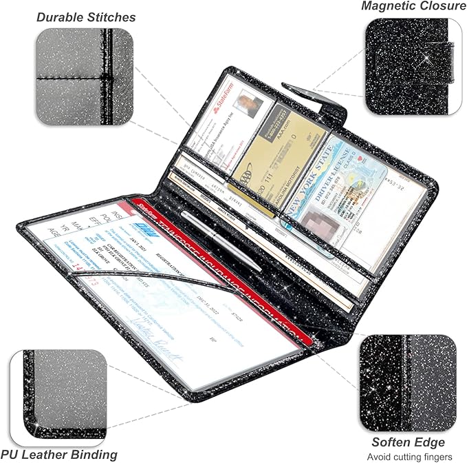 RSAquar Car Registration and Insurance Holder, Vehicle Glove Box Organizer Cool Car Accessories, Auto Truck Document Holder for Cards, Driver License, Black Glitter