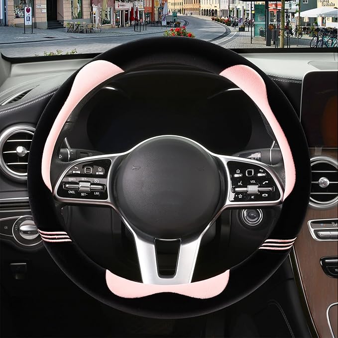 14 inch Furry Cute Steering Wheel Cover, Soft Fluffy Short Plush Auto Accessories, Non-Slip Cold-Proof Sweat-Proof Colorfast(Black with Pink)