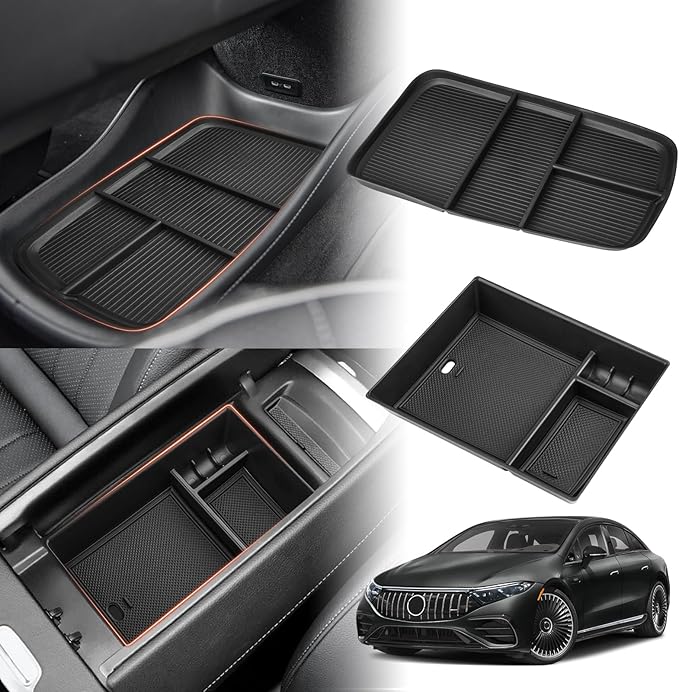 Sunsdrew 2025 Upgraded 2PCS Mercedes-Benz EQS Center Console Organizer&Lower Center Console Tray for 2023 2024 2025 Mercedes Benz EQS Interior Accessories Anti-Slip