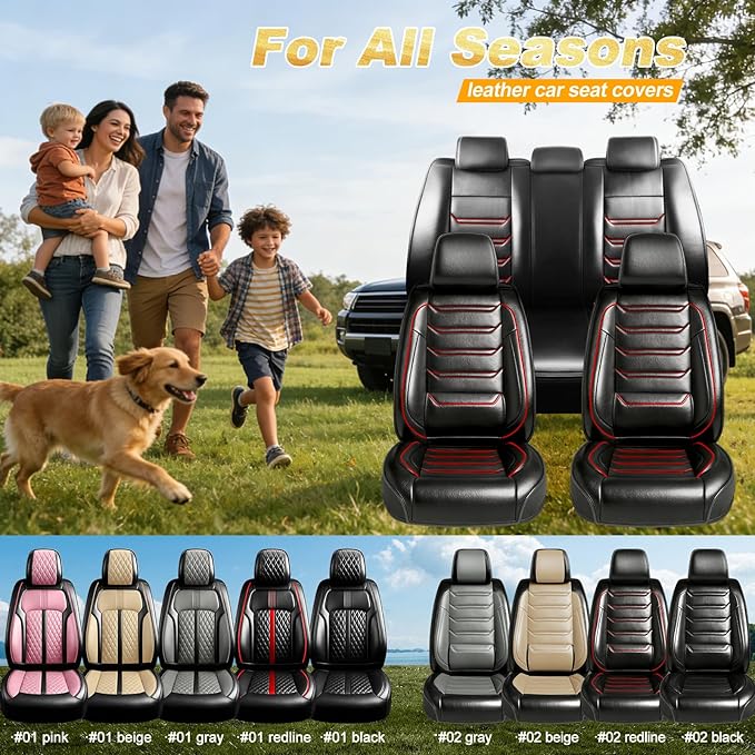 Fit Civic Car Seat Covers (Front Pair) for Select Honda Civic 2020-2026 Sedan (Not for Coupe), Full Coverage Leather, Waterproof All-Weather Breathable Seat Cushion Protector, Black & Red Trim