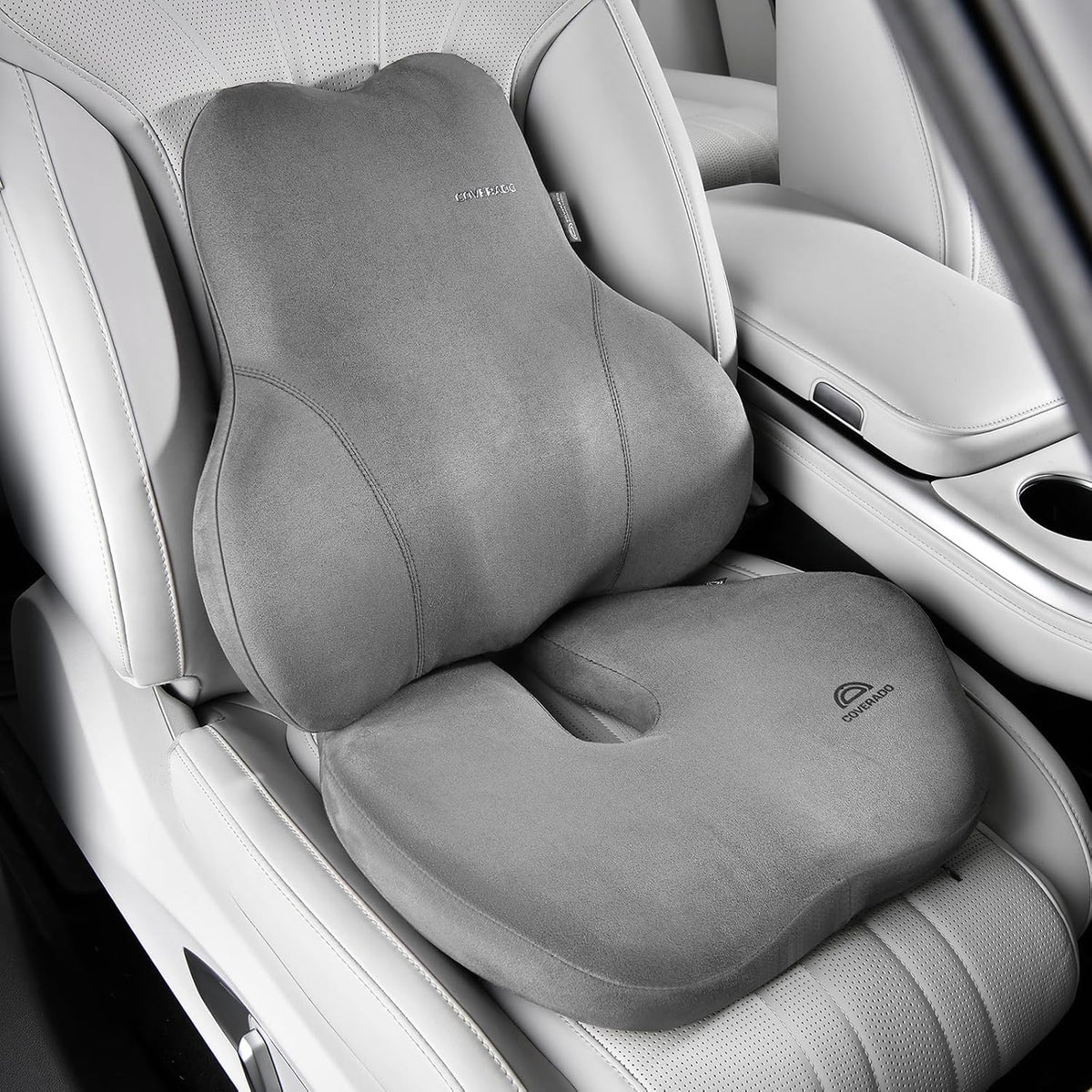 Coverado Memory Foam Car Seat Cushion and Lumbar Support Pillow for Car, Ergonomic Office Chair Cushion for Lower Back Pain Relief, Breathable & Non-Slip for Car, Home, and Office Use, Gray