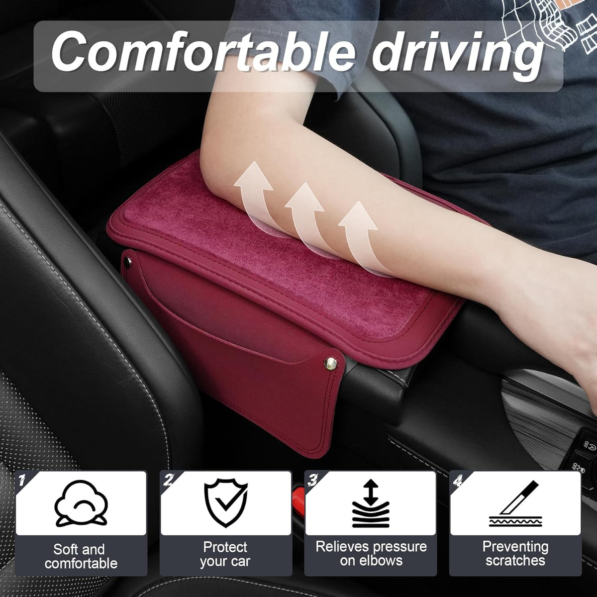 SINGARO Car Leather Center Console Cover with 2 Storage Bags, Universal Furry Fluffy Car Armrest Seat Box Pad, Comfortable Car Interior Accessories, Fits for Most Vehicles (Red)