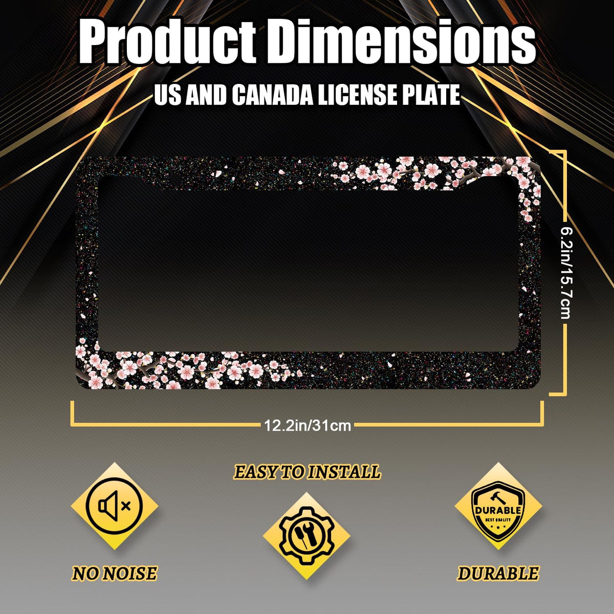 Bling Cherry Blossom License Plate Frame Pink Floral License Plate Stainless Steel Auto Parts Colorful License Plate Holder for Women Decoration with Screws License Plate Holder 12"x6"