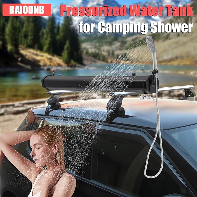 Pressurized Water Tank for Camping Shower,Portable Camping Showerhead Handheld with Storage Bag, Roof Rack Shower for Hiking, Car wash, Pet Cleaning, Beach Vacations