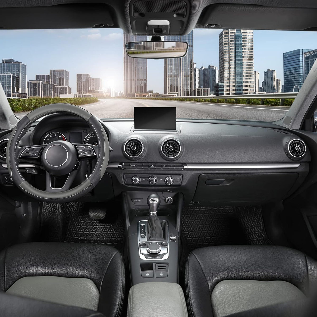 SEG Direct Car Steering Wheel Cover for Prius Civic Model 3 Model Y Camaro, Small Size 14-14.25 inch, Black and Gray Microfiber Leather