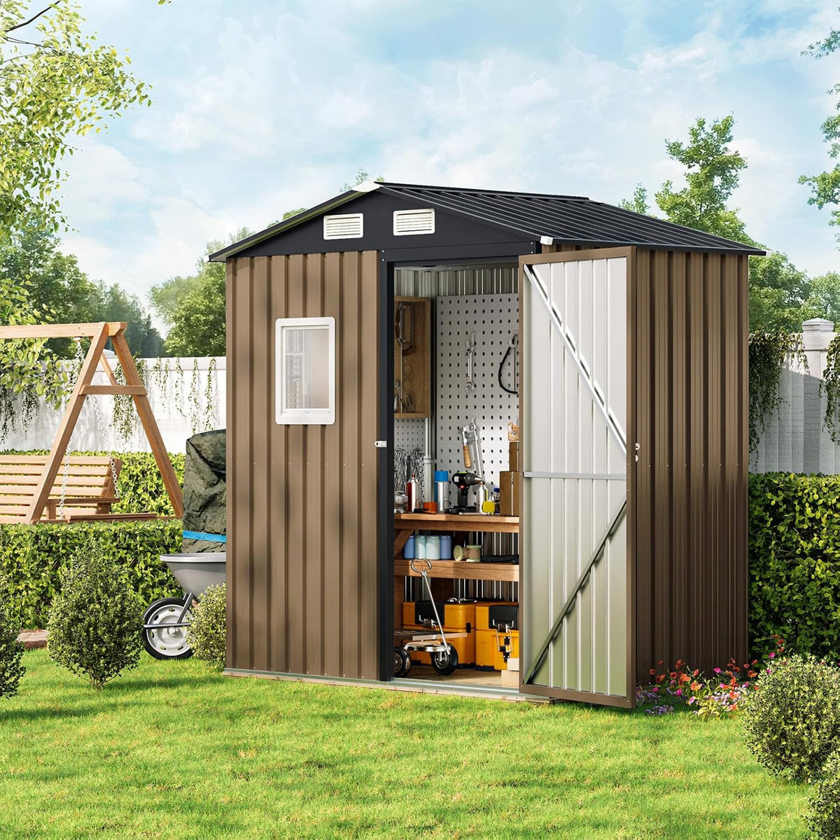 6X4FT Outdoor Steel Storage Shed with Lockable Doors, One Window,Ideal for Garden, Backyard, Patio Storage,Brown