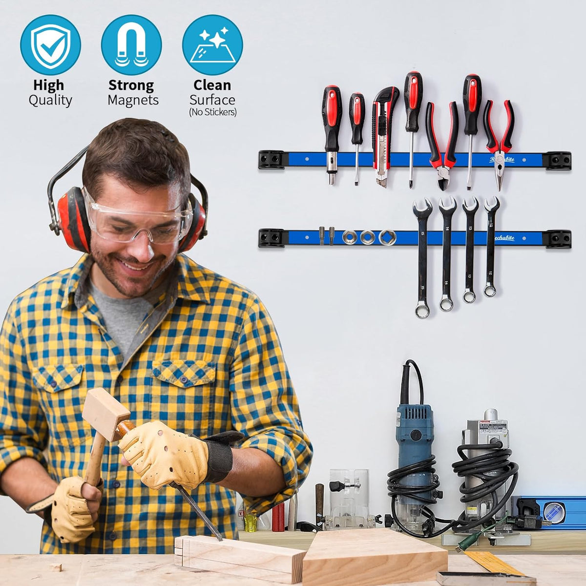 6 Pieces 18" Magnetic Tool Holder Strip, Blue Magnet Bar, Metal Tool Organizer Rack for Garage Organization, Easy To Install in Workshop, Mounting Screws Included