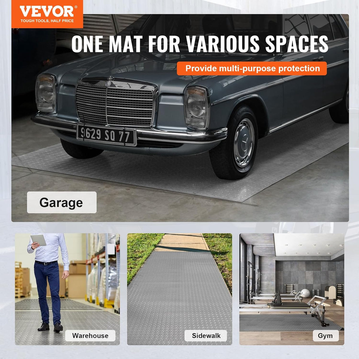 VEVOR Garage Floor Mat, 19 x 4.9 FT PVC Garage Flooring Roll, Non-Slip Diamond Texture, 93.65 sq.ft Covering Space, Garage Mats for Under Cars, for Gyms Boats Car Trailer, Gray
