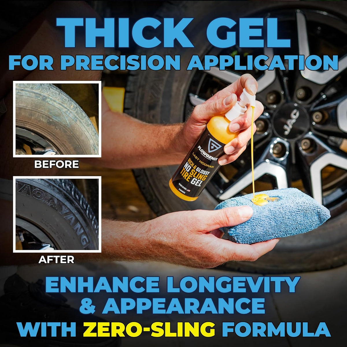 Tire Shine Gel Coating and Dressing (8oz) - High Gloss Wheel Tire Shine for Cars - No-Sling Anti-Stick Protection, Works on Rubber, Plastic, Vinyl - Incl 2 Microfiber Towels