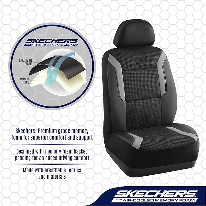 Skechers Memory Foam Car Seat Covers, Air Cool Mesh Thick Seat Covers, Gray Two Front Car Seat Protector, Airbag Compatible, Automotive Comfort & Protection for Most Cars, Van,Trucks, SUV,Grey