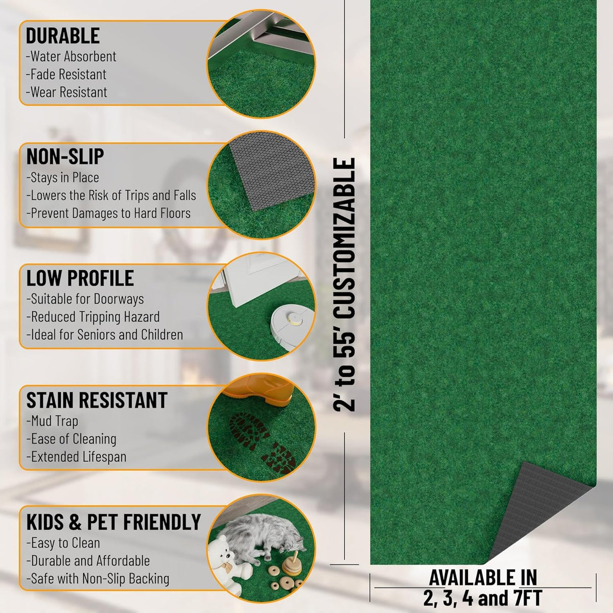 Ottomanson 6'6" x 20' Hallway Runner with Scraper Pile - Extra Durable Non-Slip Rug Mat for Indoor & Outdoor Use - Ideal for Kitchen, Entryway & Garage - High-Traffic Carpet, Green