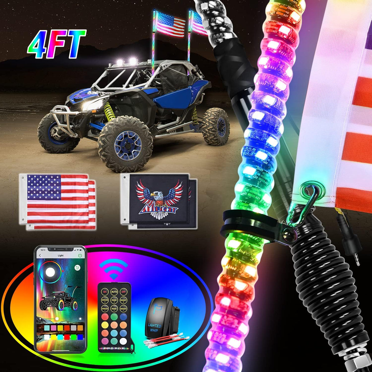 Nilight 2PCS 4FT RGB LED Whip Light with Spring Base Remote App Control w/DIY Chasing Patterns Turn Signal & Brake Lights for ATV UTV Polaris RZR Can-am Dune Buggy Jeep