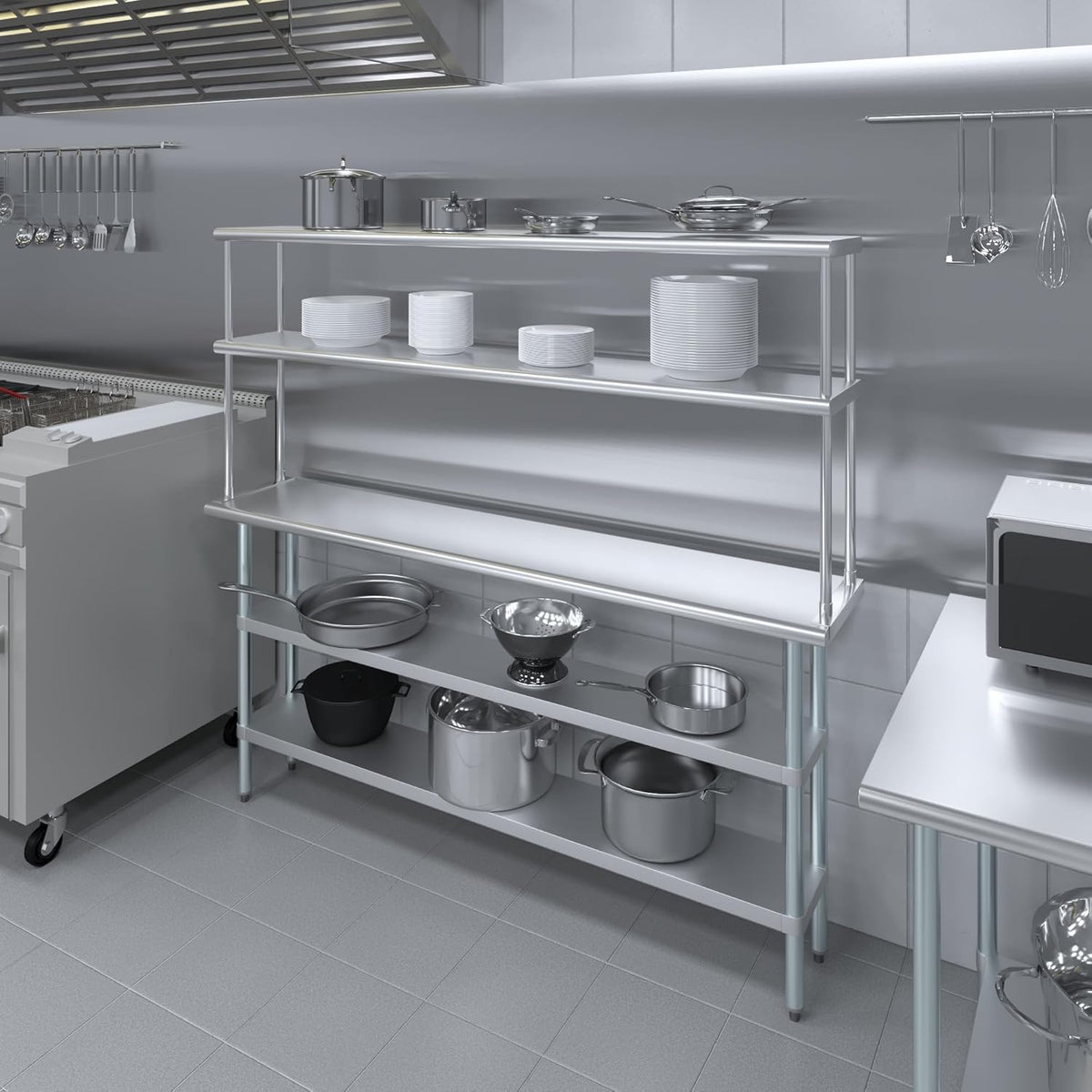 Amgood Stainless Steel Work Table with 2 Shelves & Overshelf | Metal Kitchen Prep & Shelving Combo (14" x 72" Table + 12" Overshelf)