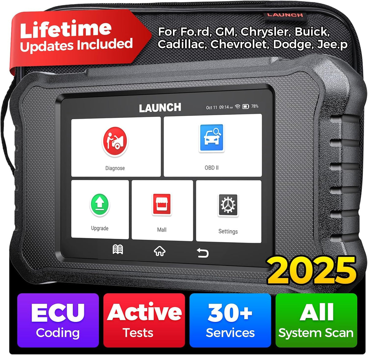 LAUNCH X431 Creader Elite 2.0 FGC OBD2 Scanner, Bi-Directional Scan Tool for Ford/GM/Chrysler Series, ECU Coding, Lifetime FR-EE Update, All System Diagnostic, 100+ Services, Full OBD2 Code Reader