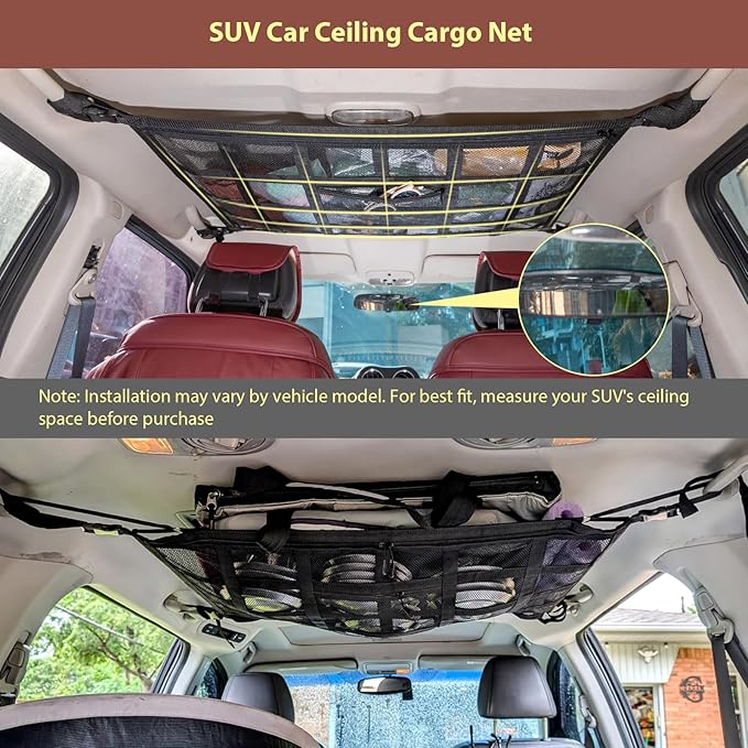 Kaskawise Upgrade Car Ceiling Cargo Net Pocket,31.5"x21.6" Double-Layer Car Roof Storage Organizer,Overhead Net for Truck,SUV & Van Camping,Travel Road Trips,Van Life Essentials