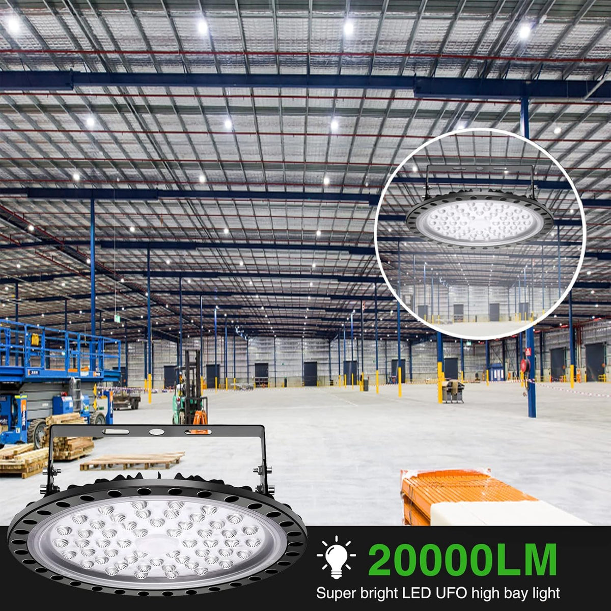 Viugreum 10 Pack 200W UFO LED High Bay Lights, 20000LM 6500K Daylight White Ultra Thin Highbay Light Fixtures, 110V IP65 Waterproof Bay Lighting for Garage Factory Warehouse Gym