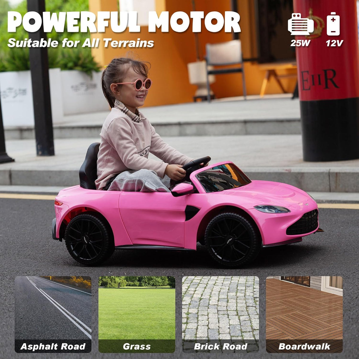 Ride on Car with Remote Control, 12V Licensed Aston Martin Electric Car for Toddlers with Soft Start, Music, USB, Bright Lights, Battery Powered Car for Kids 36-95 Months (Pink)