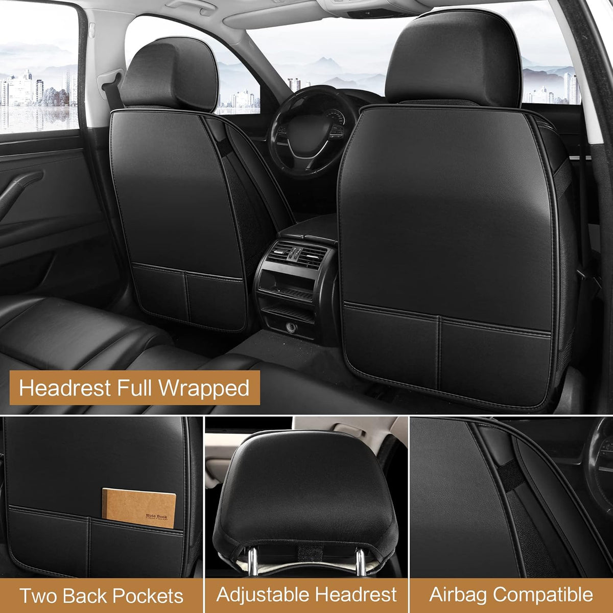 Pariitadin Leather Car Seat Covers Full Set, Waterproof Breathable Faux Leather Automotive Seat Covers for Cars, Non-Slip Car Interior Covers Universal Fit Most Cars Sedans Trucks SUVs, Black