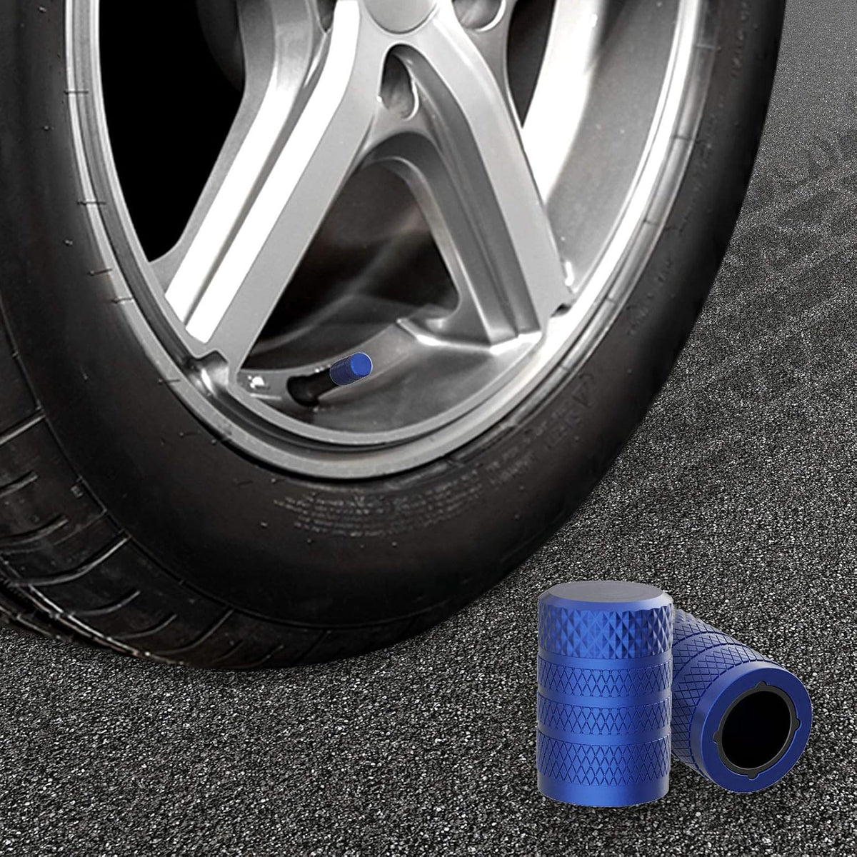 CKAuto Tire Valve Stem Caps, Blue, 4 pcs/Pack, Anodized Aluminum Tire Valve Cap Set, Corrosion Resistant, Universal Stem Covers for Cars Trucks Motorcycles SUVs and Bikes